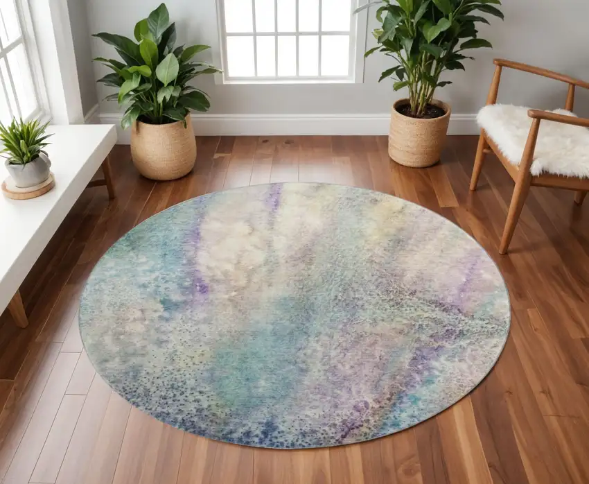 8' Blue Purple And Ivory Abstract Washable Round Rug With UV Protection Photo 2