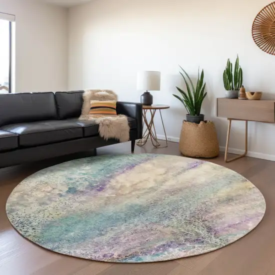 8' Blue Purple And Ivory Abstract Washable Round Rug With UV Protection Photo 5