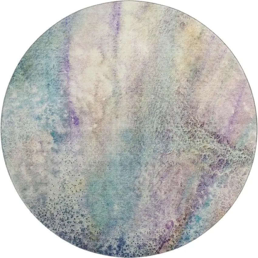 8' Blue Purple And Ivory Abstract Washable Round Rug With UV Protection Photo 2