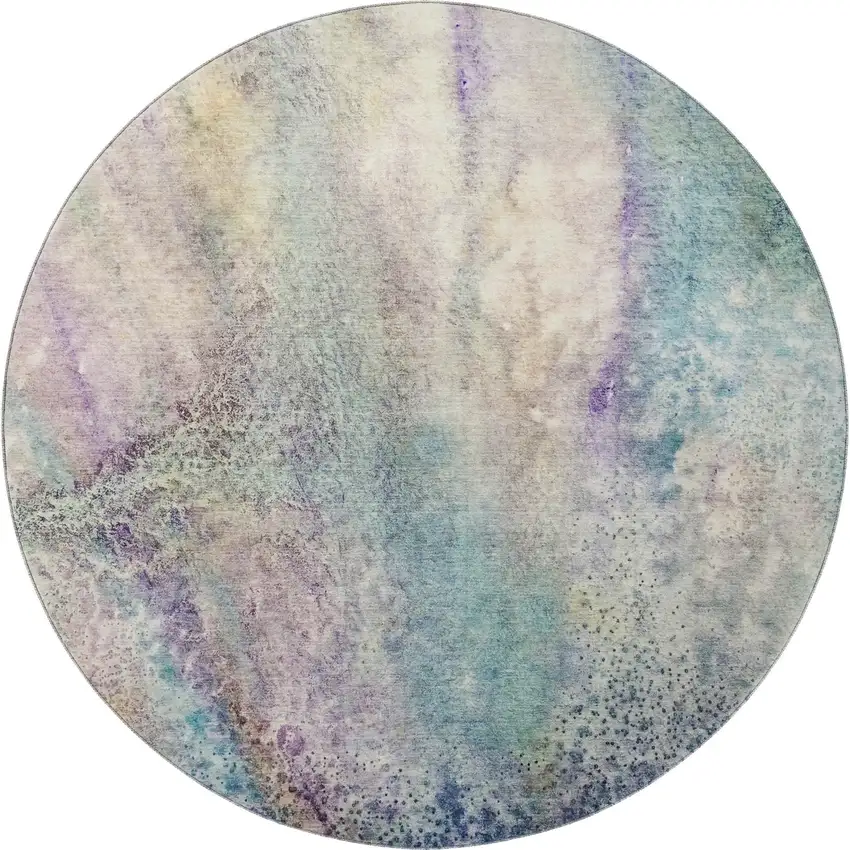8' Blue Purple And Ivory Abstract Washable Round Rug With UV Protection Photo 4