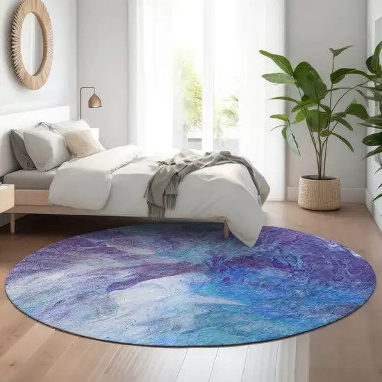 8' Blue Purple And Ivory Abstract Washable Round Rug With UV Protection Photo 4