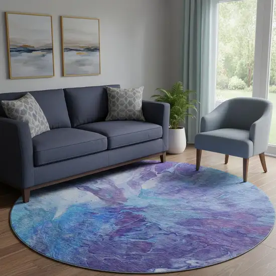 8' Blue Purple And Ivory Abstract Washable Round Rug With UV Protection Photo 1