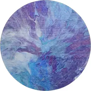 Photo of 8' Blue Purple And Ivory Abstract Washable Round Rug With UV Protection