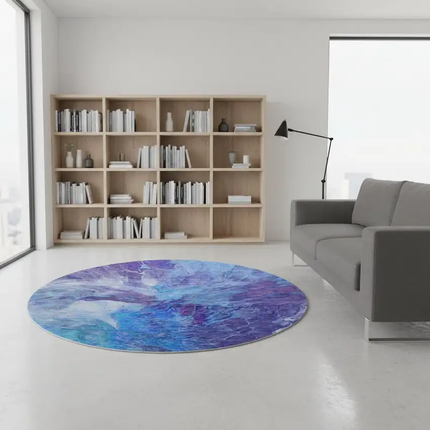 8' Blue Purple And Ivory Abstract Washable Round Rug With UV Protection Photo 2