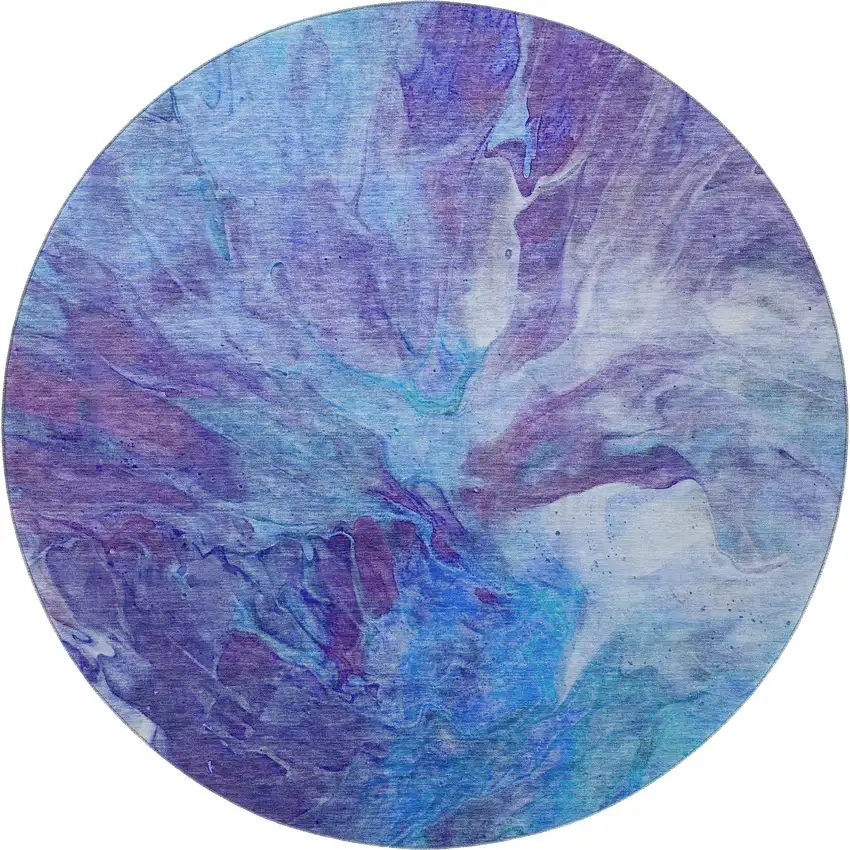 8' Blue Purple And Ivory Abstract Washable Round Rug With UV Protection Photo 3