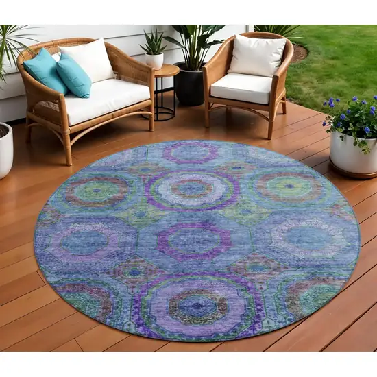 8' Blue Purple And Lime Green Round Geometric Washable Indoor Outdoor Area Rug Photo 2
