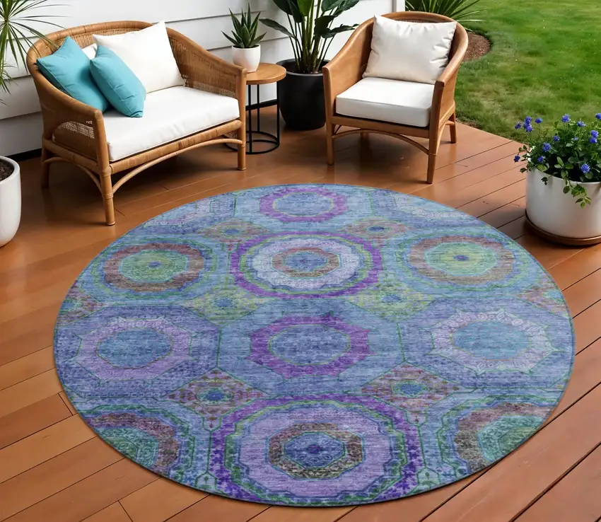 8' Blue Purple And Lime Green Round Geometric Washable Indoor Outdoor Area Rug Photo 2