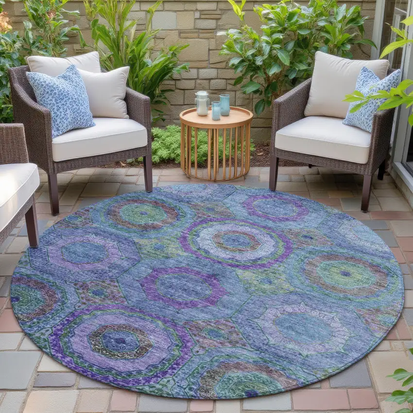 8' Blue Purple And Lime Green Round Geometric Washable Indoor Outdoor Area Rug Photo 6