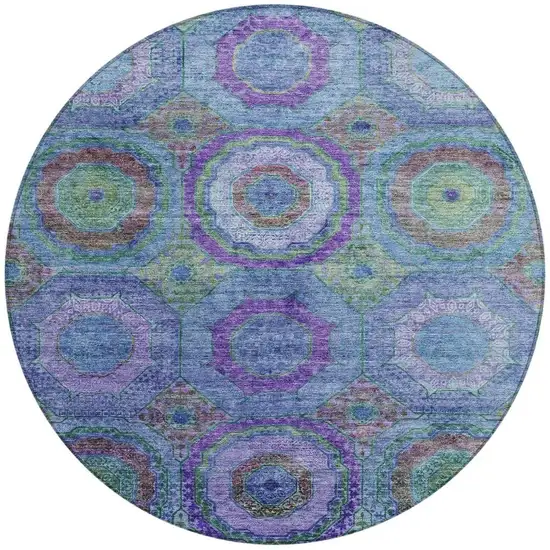 8' Blue Purple And Lime Green Round Geometric Washable Indoor Outdoor Area Rug Photo 3
