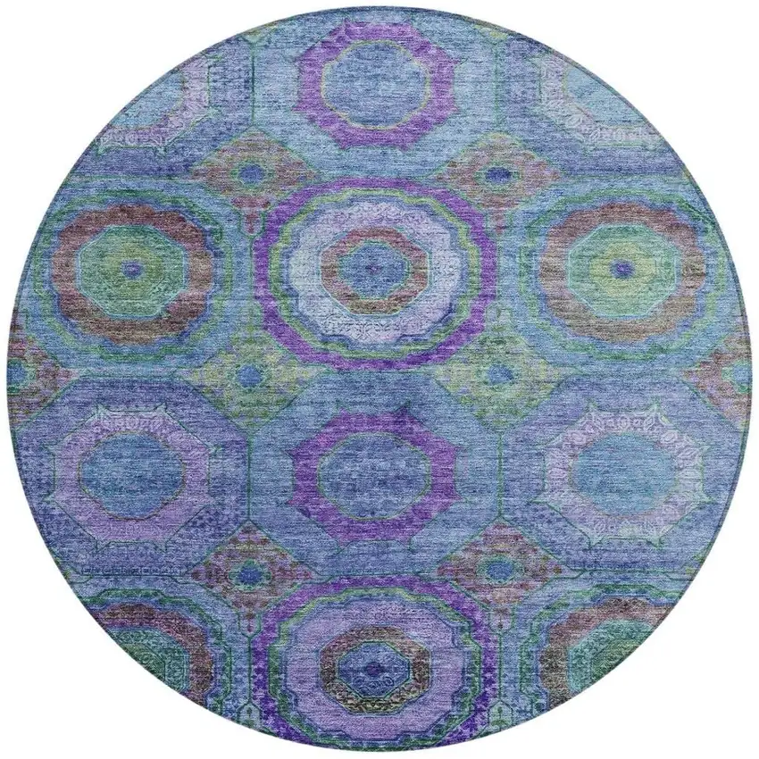 8' Blue Purple And Lime Green Round Geometric Washable Indoor Outdoor Area Rug Photo 3