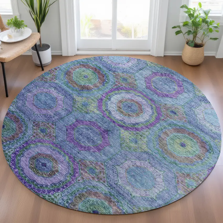 8' Blue Purple And Lime Green Round Geometric Washable Indoor Outdoor Area Rug Photo 5