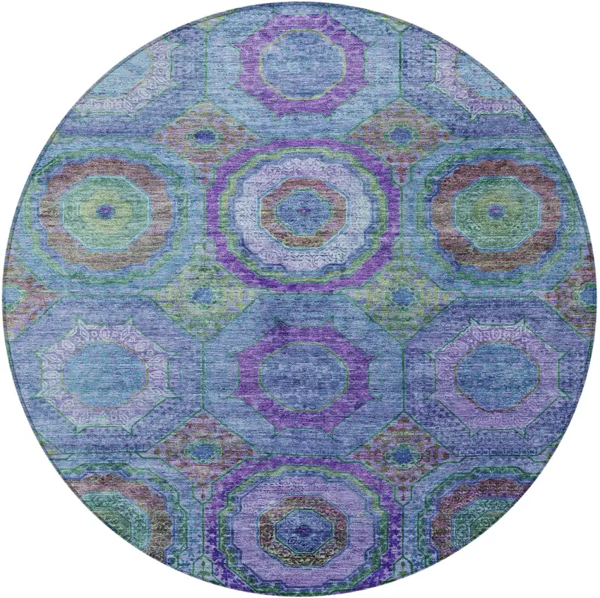 8' Blue Purple And Lime Green Round Geometric Washable Indoor Outdoor Area Rug Photo 4
