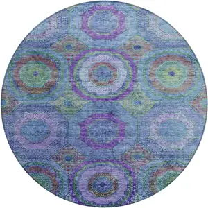 Photo of 8' Blue Purple And Lime Green Round Geometric Washable Indoor Outdoor Area Rug