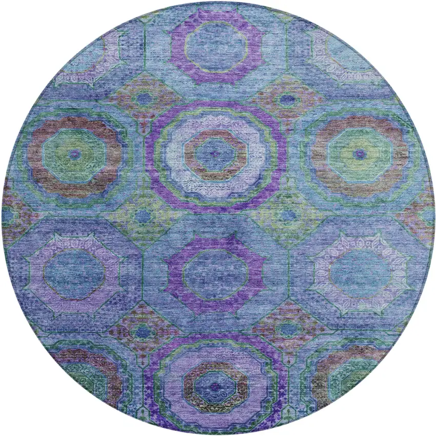 8' Blue Purple And Lime Green Round Geometric Washable Indoor Outdoor Area Rug Photo 1