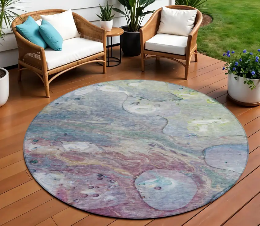 8' Blue Purple And Mint Green Round Abstract Washable Indoor Outdoor Area Rug Photo 2
