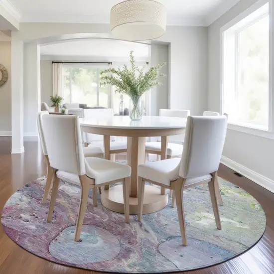 8' Blue Purple And Mint Green Round Abstract Washable Indoor Outdoor Area Rug Photo 6