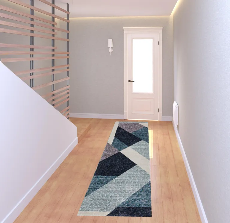 8' Blue Purple Grey And Teal Geometric Power Loom Runner Rug Photo 2
