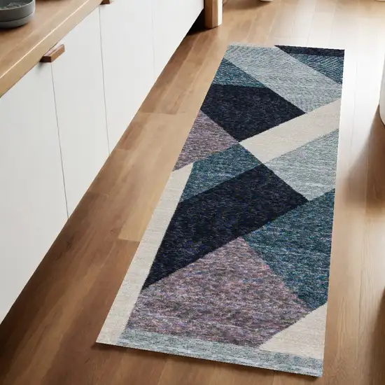 Blue Purple Grey and Teal Geometric Power Loom Runner Rug Photo 1