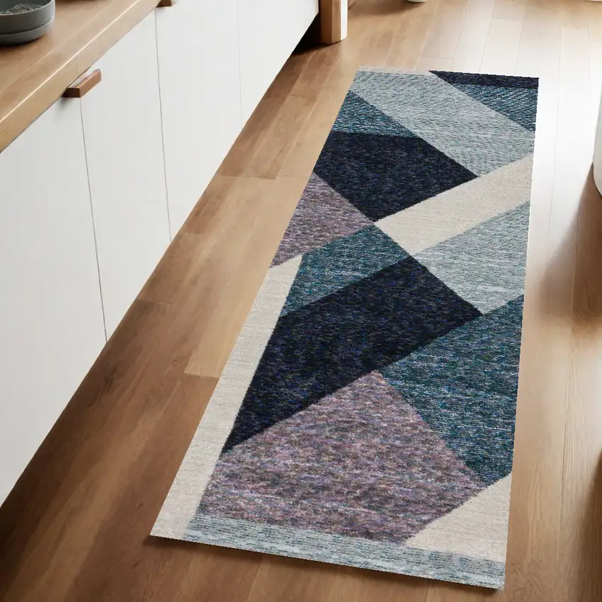 Blue Purple Grey and Teal Geometric Power Loom Runner Rug Photo 1