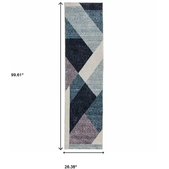 8' Blue Purple Grey And Teal Geometric Power Loom Runner Rug Photo 9