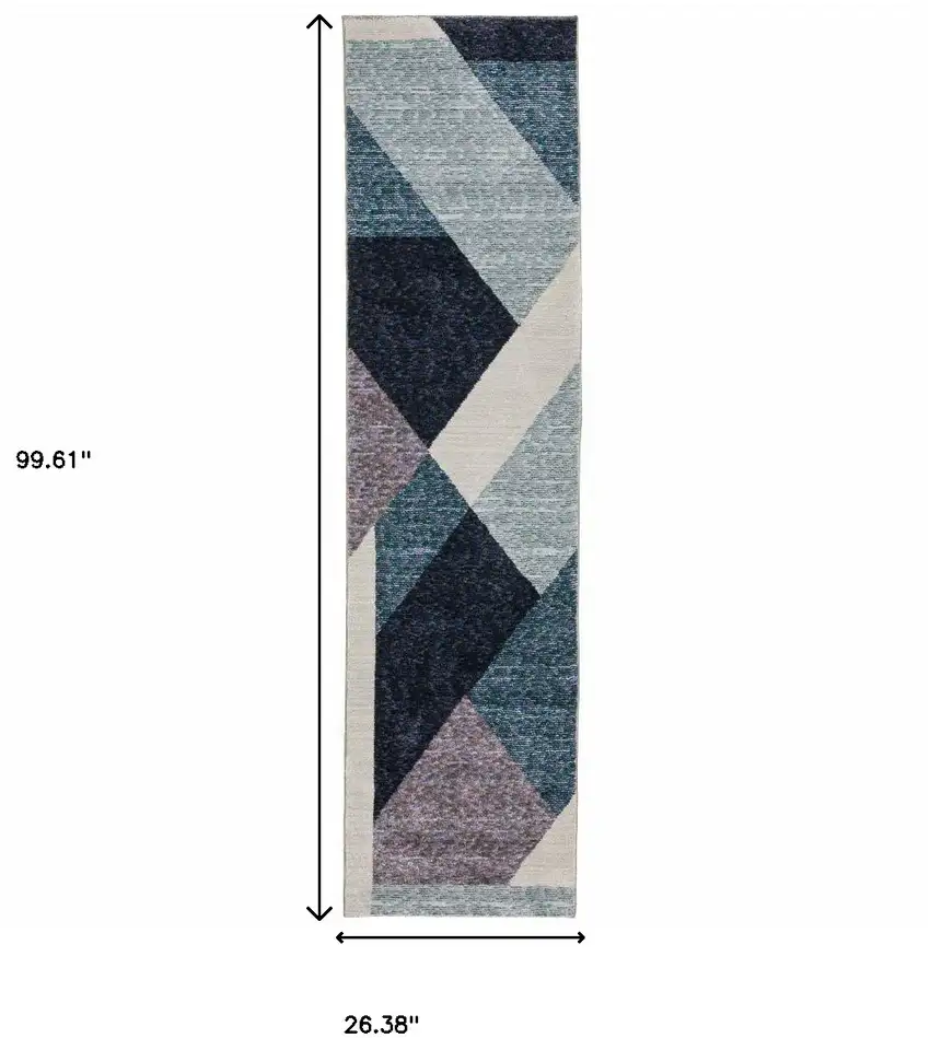 8' Blue Purple Grey And Teal Geometric Power Loom Runner Rug Photo 9