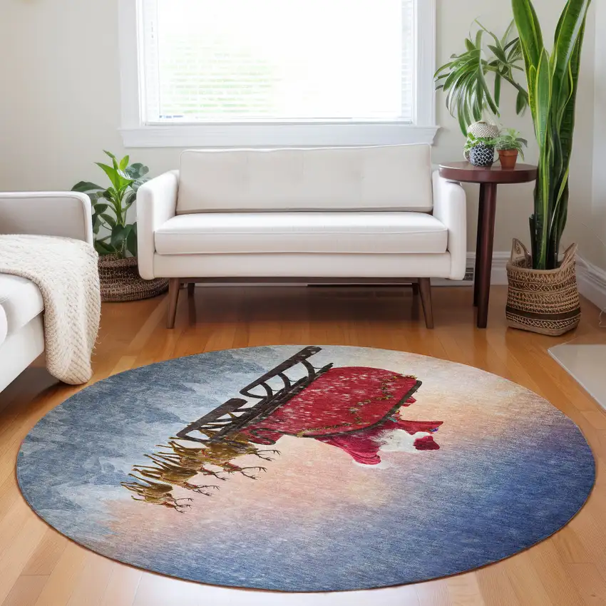 8' Blue Red And Brown Christmas Santa Claus Distressed Washable Round Rug With UV Protection Photo 4