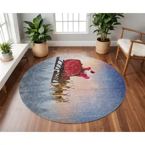 Photo of 8' Blue Red And Brown Geometric Washable Round Rug With UV Protection