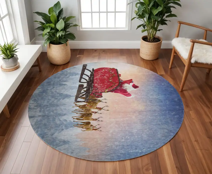 8' Blue Red And Brown Geometric Washable Round Rug With UV Protection Photo 1
