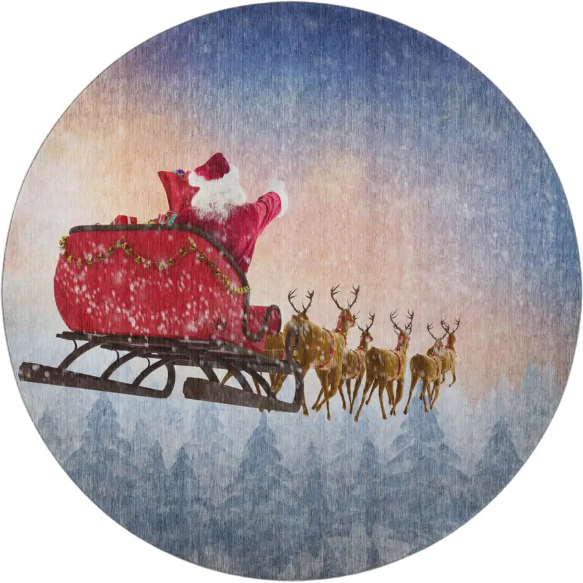8' Blue Red And Brown Christmas Santa Claus Distressed Washable Round Rug With UV Protection Photo 2