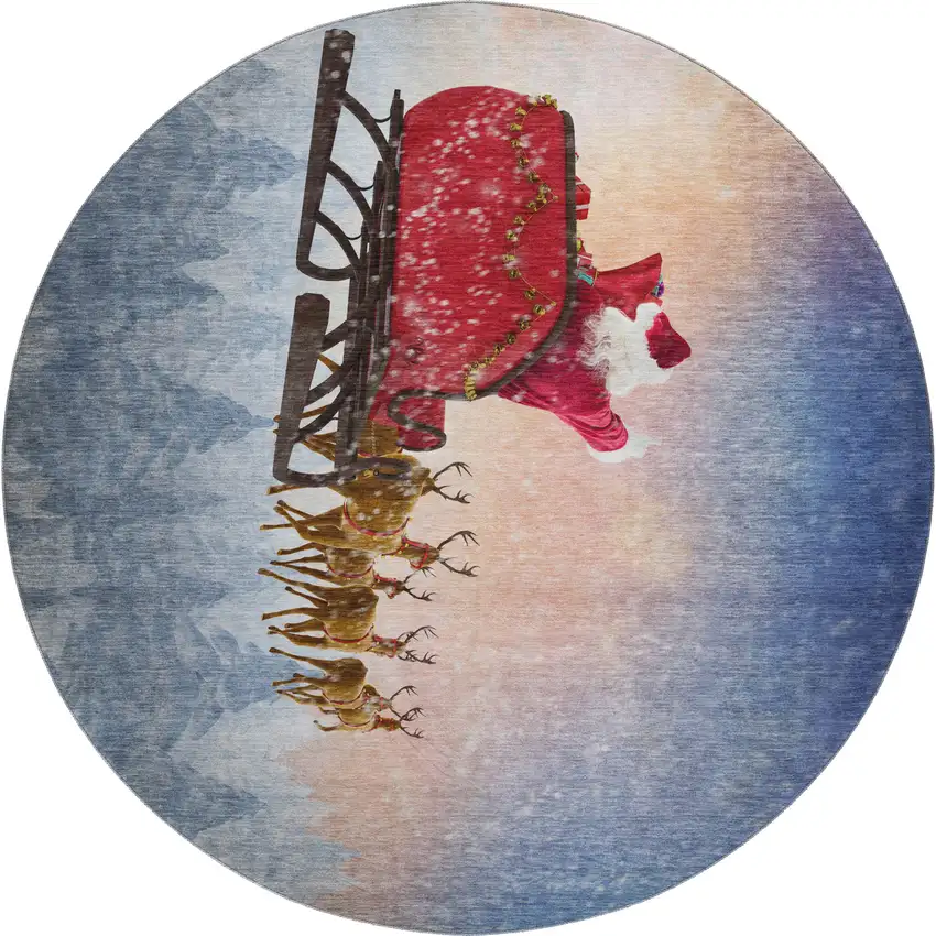 8' Blue Red And Brown Geometric Washable Round Rug With UV Protection Photo 2