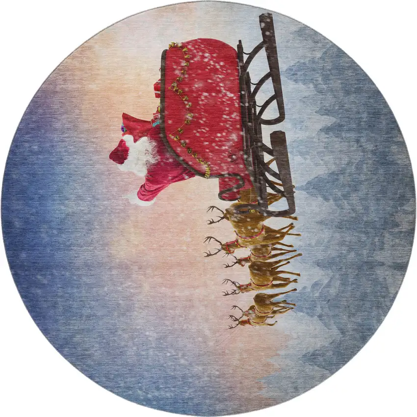 8' Blue Red And Brown Geometric Washable Round Rug With UV Protection Photo 4