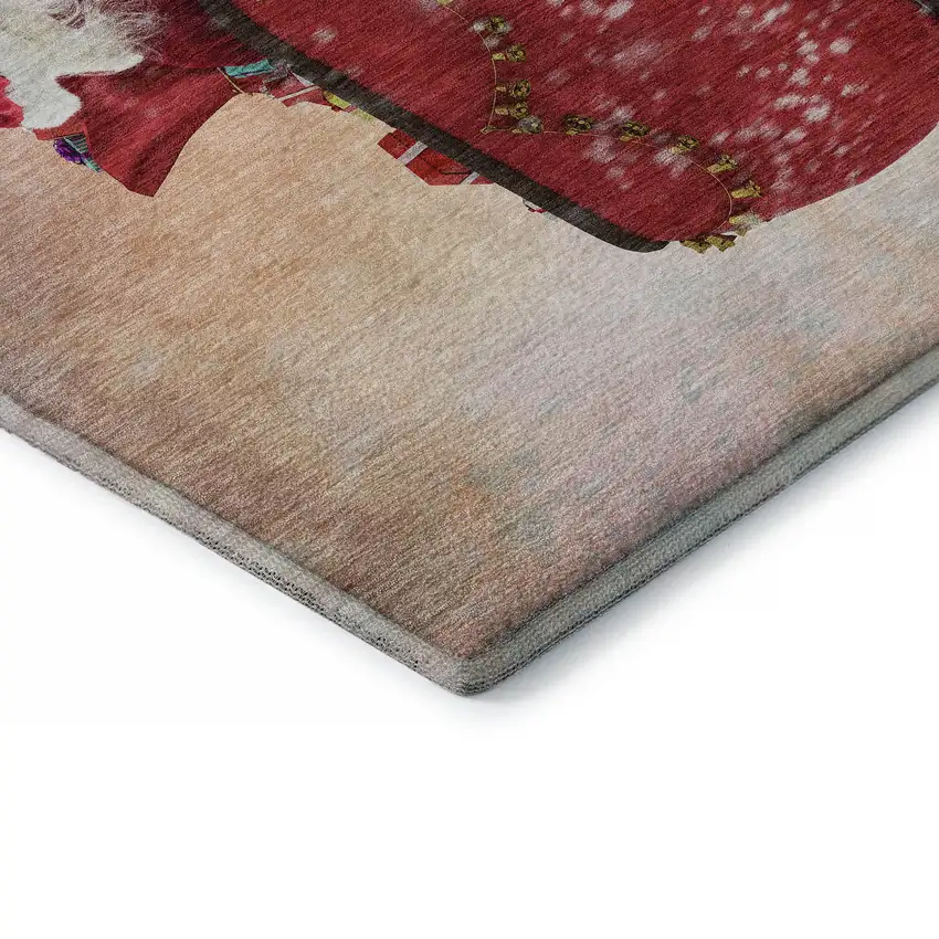 8' Blue Red And Brown Christmas Santa Claus Distressed Washable Round Rug With UV Protection Photo 6