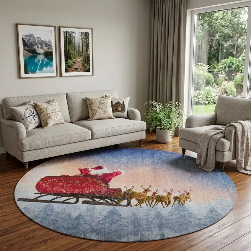 8' Blue Red And Brown Christmas Santa Claus Distressed Washable Round Rug With UV Protection Photo 1