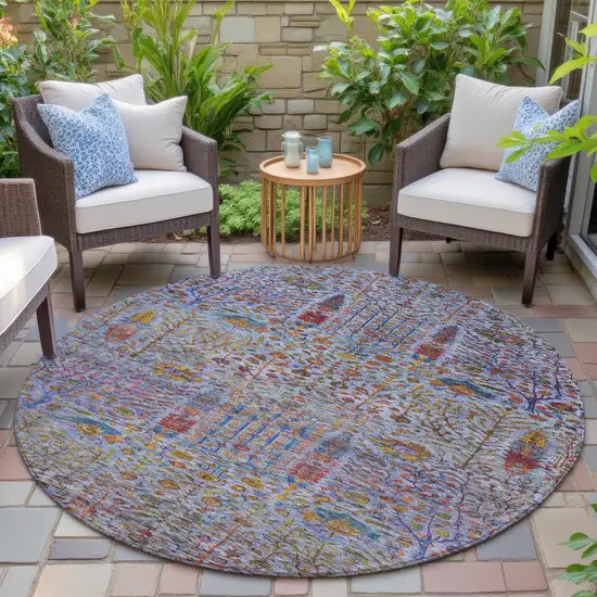 8' Blue Red And Gold Round Floral Washable Indoor Outdoor Area Rug Photo 5