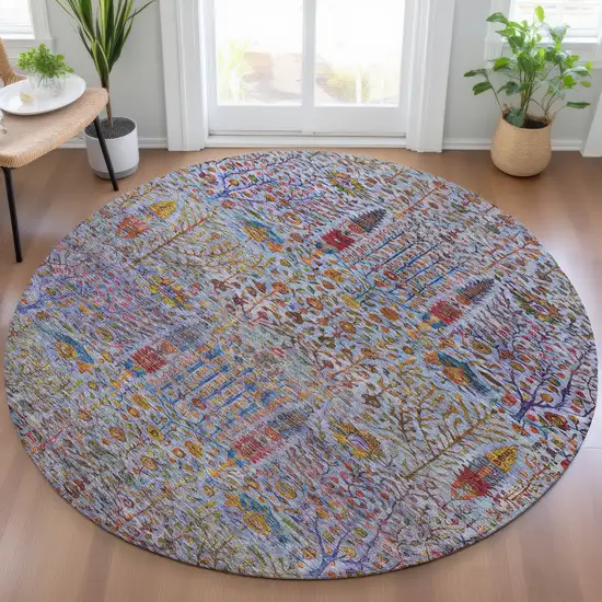 8' Blue Red And Gold Round Floral Washable Indoor Outdoor Area Rug Photo 6