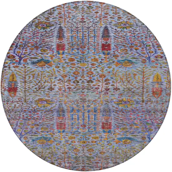 8' Blue Red And Gold Round Floral Washable Indoor Outdoor Area Rug Photo 3