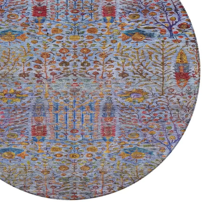 8' Blue Red And Gold Round Floral Washable Indoor Outdoor Area Rug Photo 4