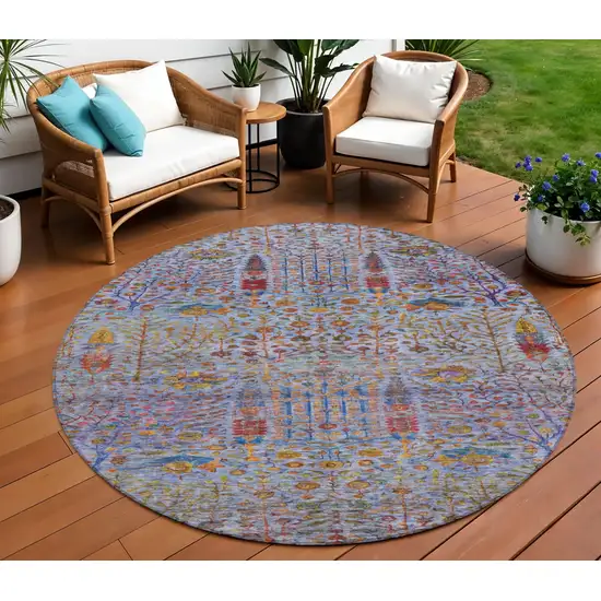 8' Blue Red And Gold Round Floral Washable Indoor Outdoor Area Rug Photo 2