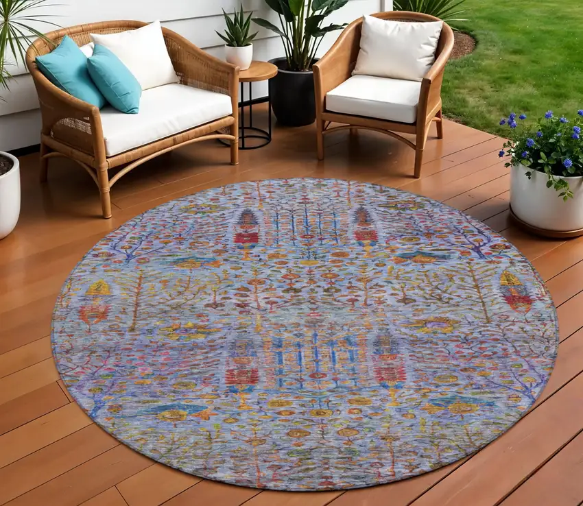 8' Blue Red And Gold Round Floral Washable Indoor Outdoor Area Rug Photo 2