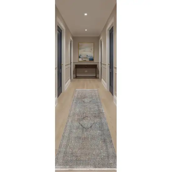 12' Blue Red And Gray Floral Power Loom Runner Rug Photo 1