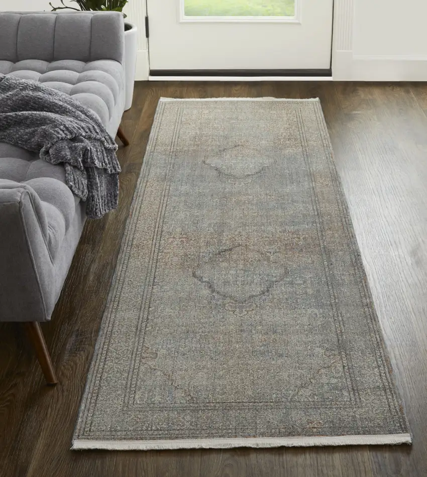 12' Blue Red And Gray Floral Power Loom Runner Rug Photo 5