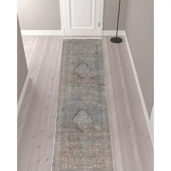 12' Blue Red And Gray Floral Power Loom Runner Rug Photo 2