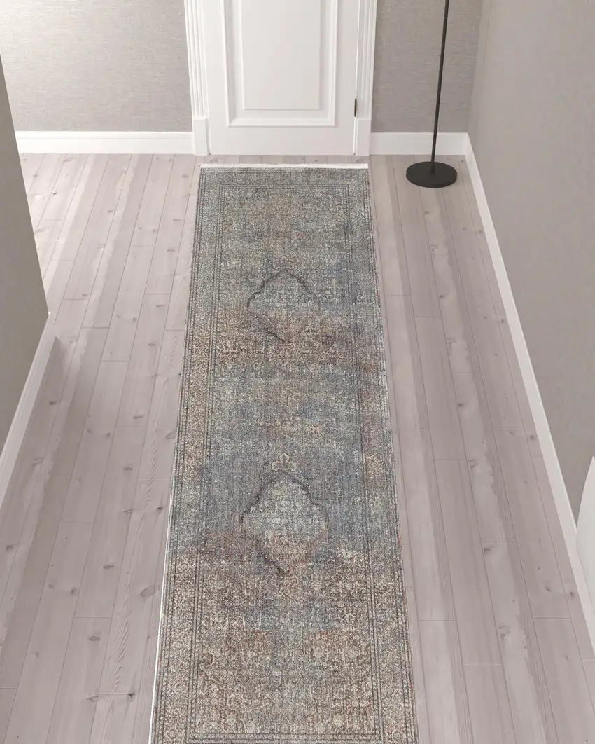 12' Blue Red And Gray Floral Power Loom Runner Rug Photo 2
