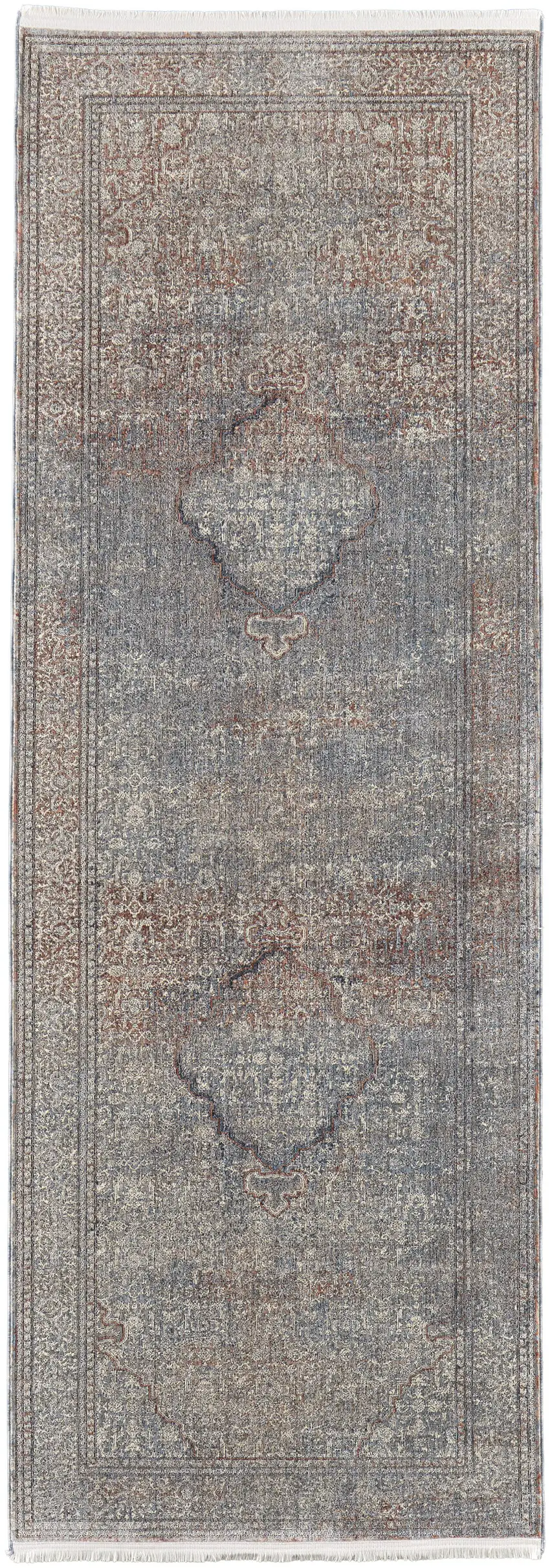 8' Blue Red And Gray Floral Power Loom Stain Resistant Runner Rug Photo 1