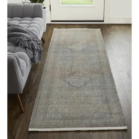 10' Blue Red And Gray Floral Power Loom Stain Resistant Runner Rug Photo 5