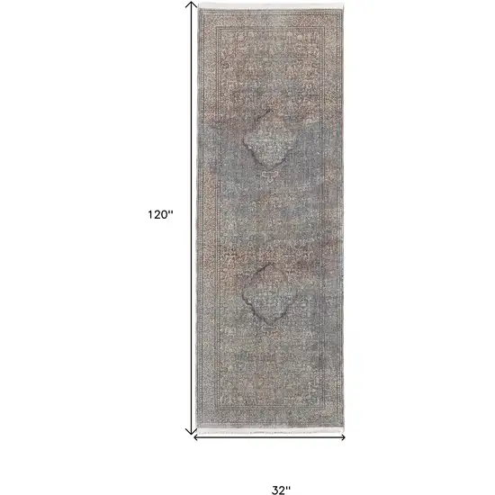 10' Blue Red And Gray Floral Power Loom Stain Resistant Runner Rug Photo 7