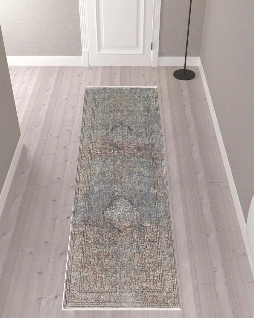 10' Blue Red And Gray Floral Power Loom Stain Resistant Runner Rug Photo 2
