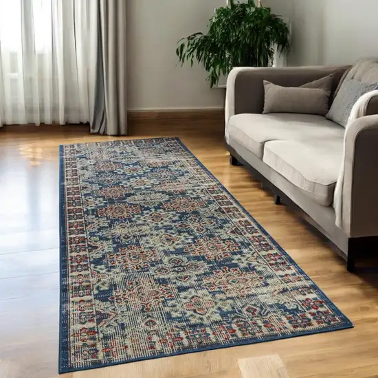 8' Blue Red And Ivory Abstract Power Loom Distressed Stain Resistant Runner Rug Photo 1