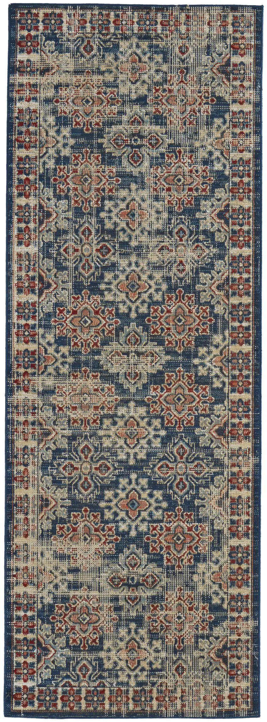 8' Blue Red And Ivory Abstract Power Loom Distressed Stain Resistant Runner Rug Photo 1