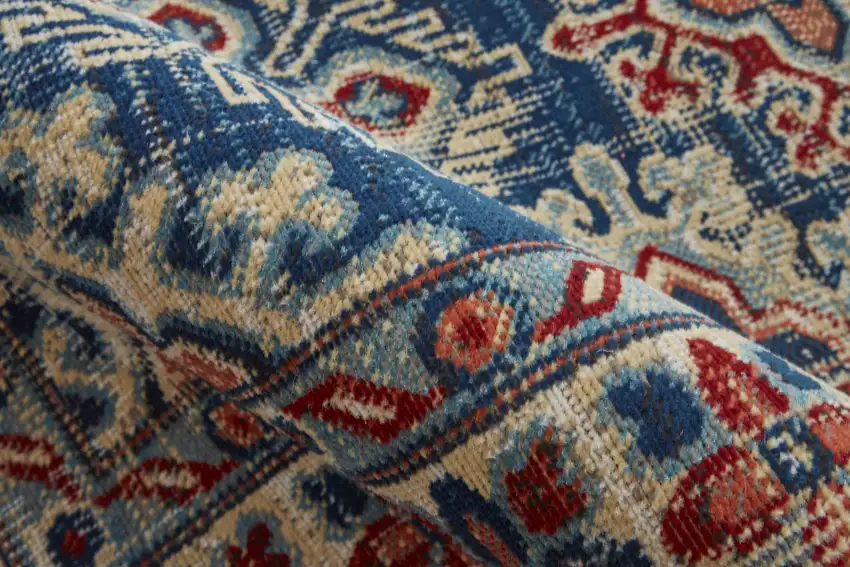 8' Blue Red And Ivory Abstract Power Loom Distressed Stain Resistant Runner Rug Photo 4